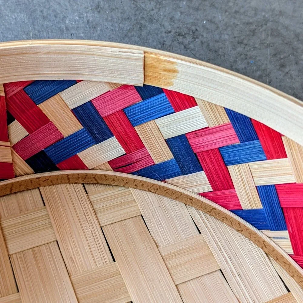 Vintage Wicker Basket Red Blue Tan Woven Round Bowl Boho Cottagecore